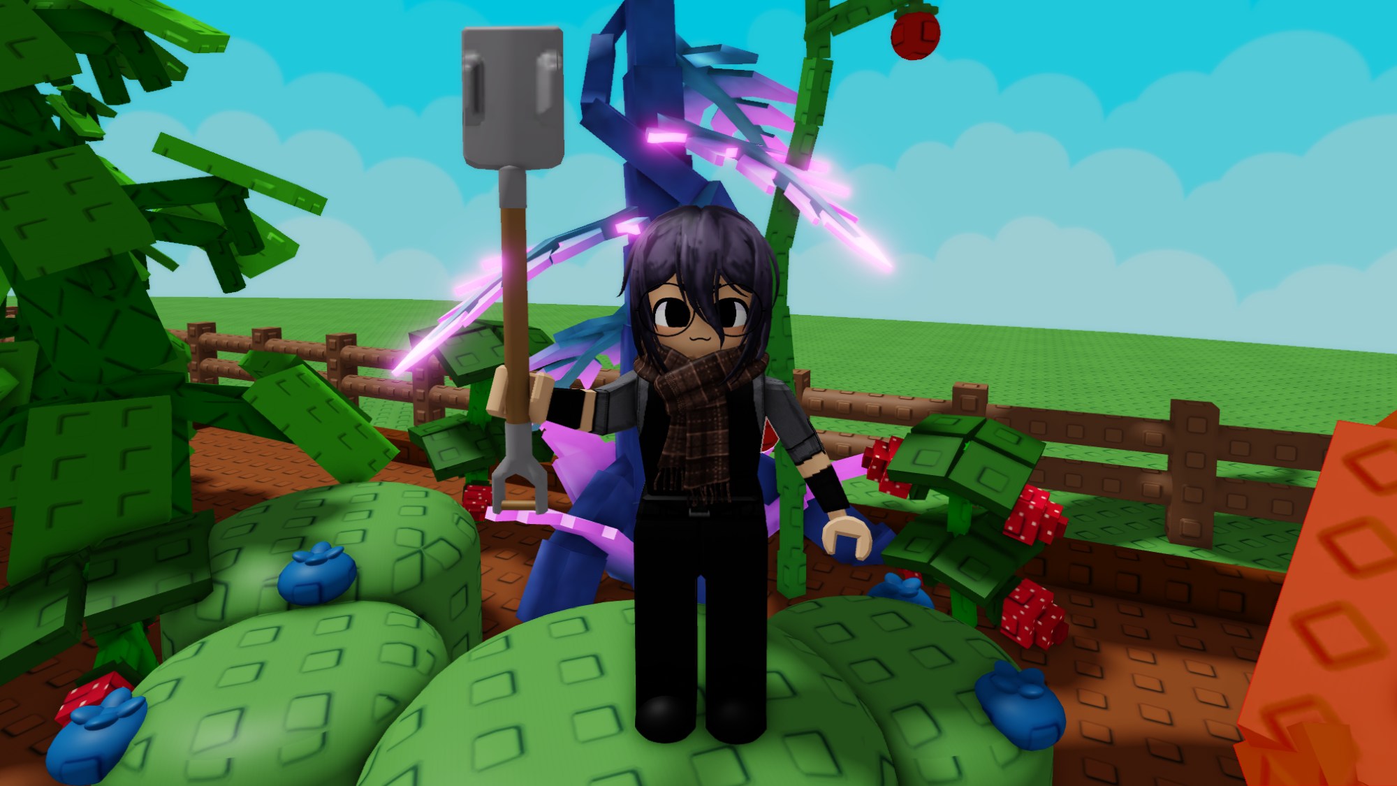 Grow a Garden 2 - A player holding a shovel standing near strawberries, blueberries, and more