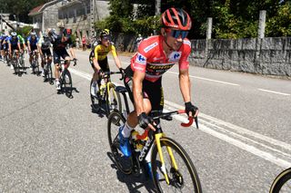 MOS SPAIN SEPTEMBER 04 Primoz Roglic of Slovenia and Team Jumbo Visma red leader jersey competes during the 76th Tour of Spain 2021 Stage 20 a 2022km km stage from Sanxenxo to Mos Alto Castro de Herville 502m lavuelta LaVuelta21 on September 04 2021 in Mos Spain Photo by Tim de WaeleGetty Images