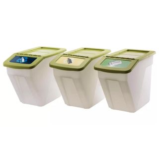 Three white bins with green lids