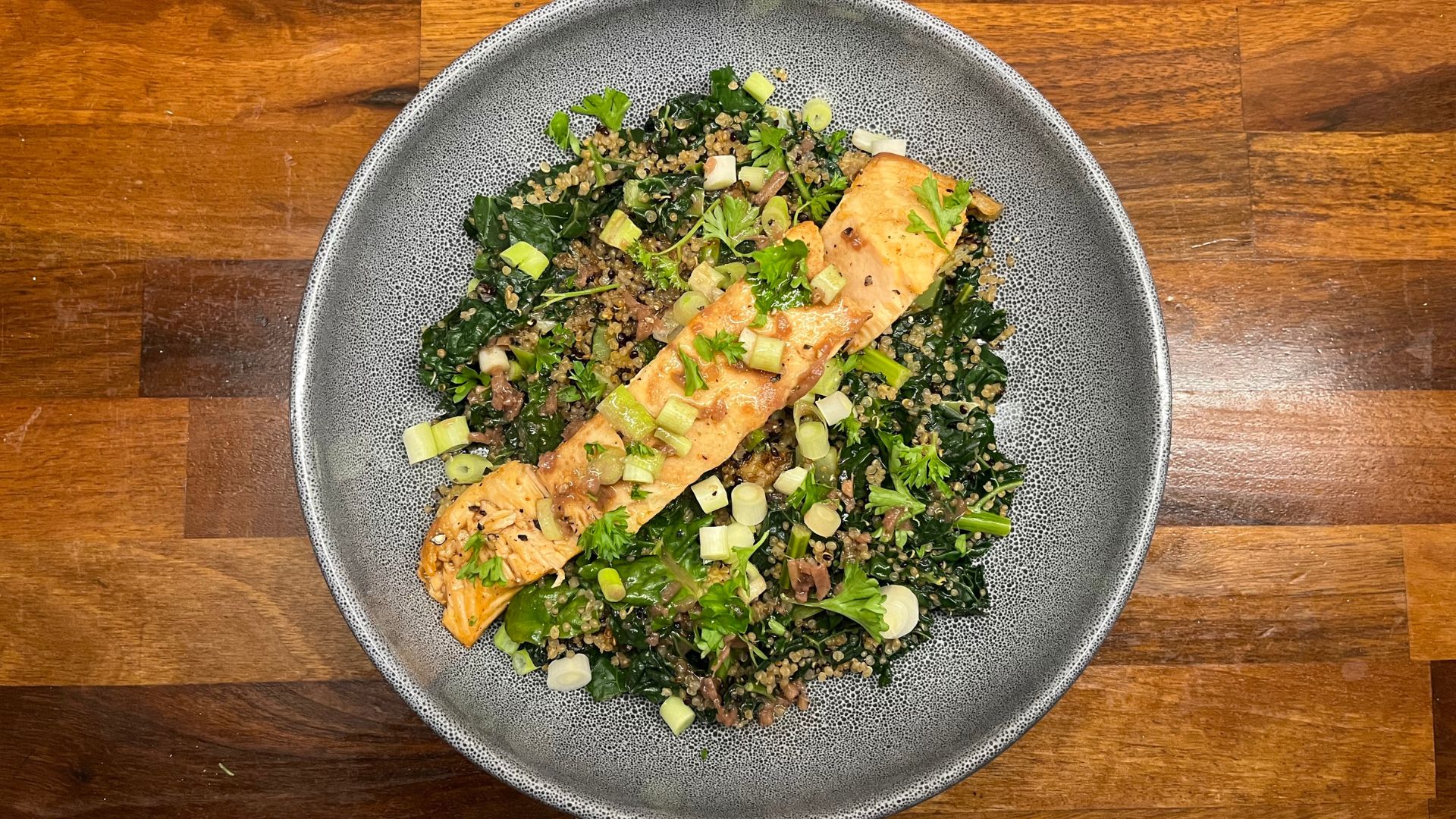 Crispy salmon with freekeh and cavolo nero fromHealthier Planet Healthier You