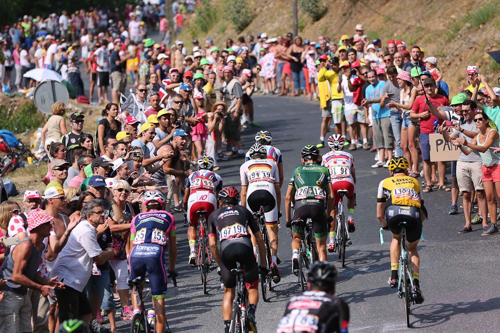 Riders climb during stage 14.