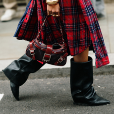 slouchy boots and tartan skirt