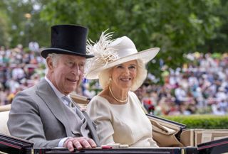 King Charles and Queen Camilla at Royal Ascot riding in the carriage