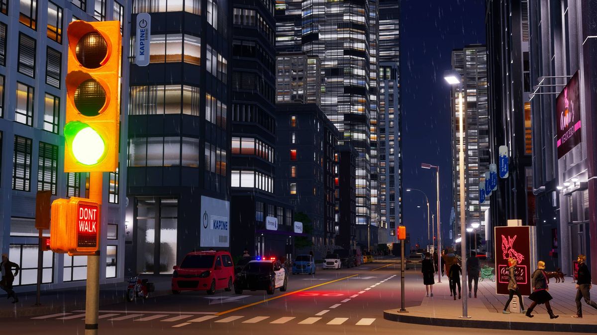 A screenshot from Cities: Skylines 2 showing a street at night.