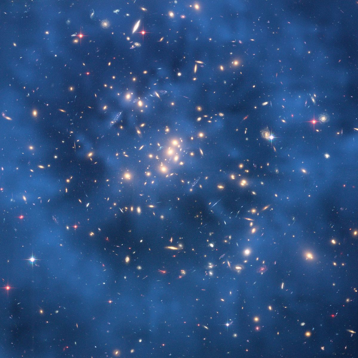 A galaxy cluster that may hide dark matter in its core.