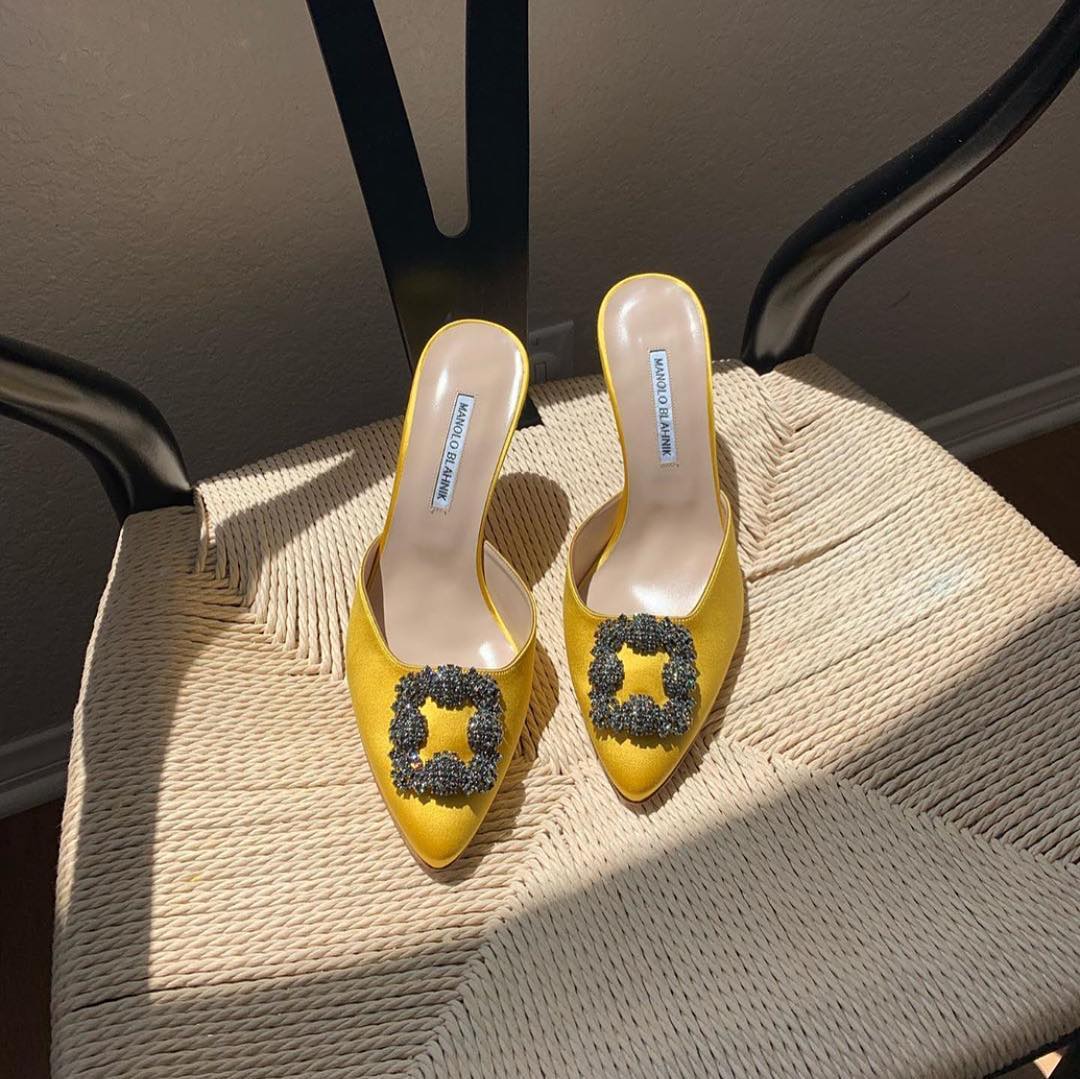 An image of @tylynn, wearing one of the most iconic shoes, the Manolo Blahnik Hangisi shoes.