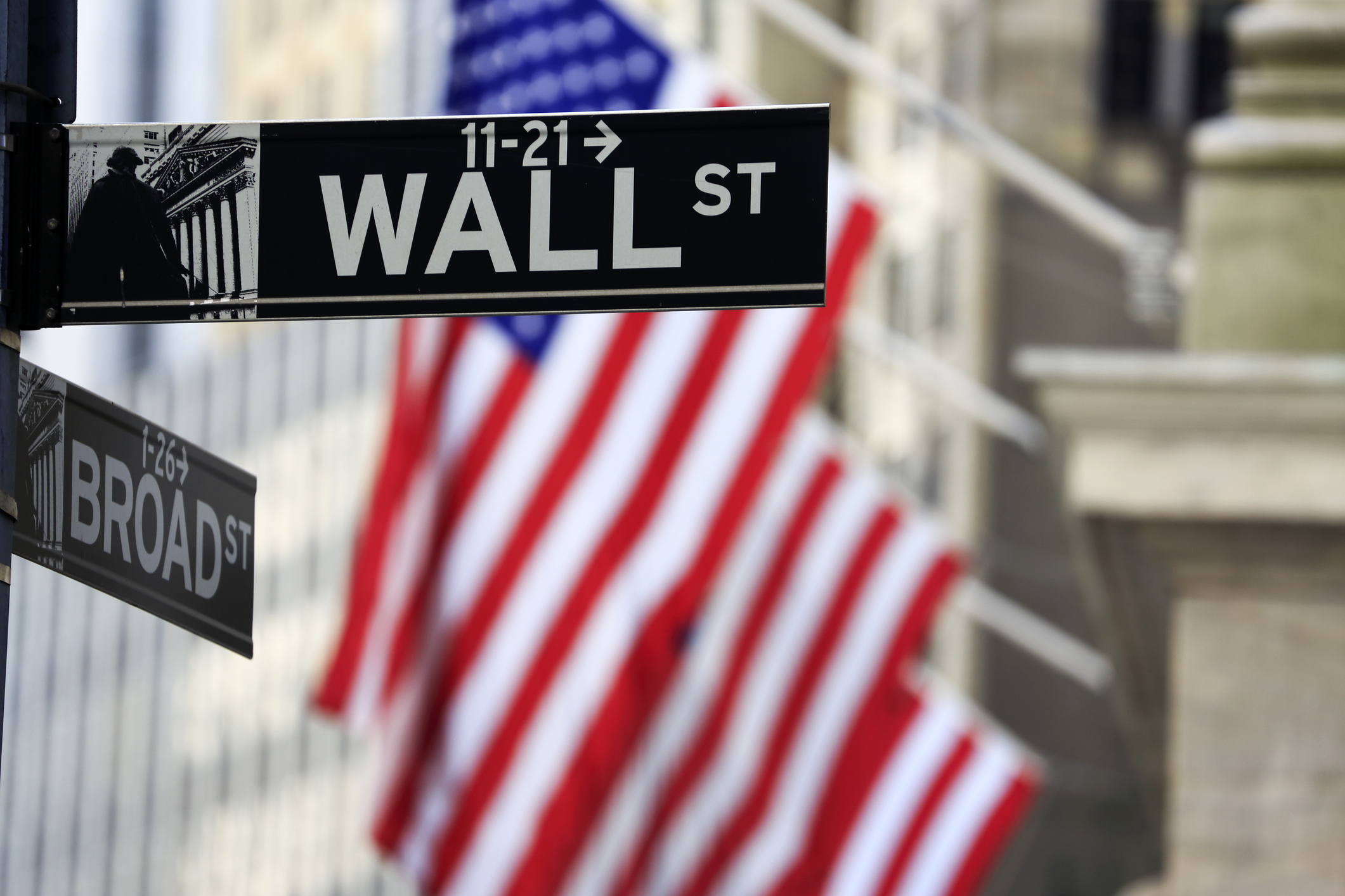 Street sign of Wall Street with American flags 