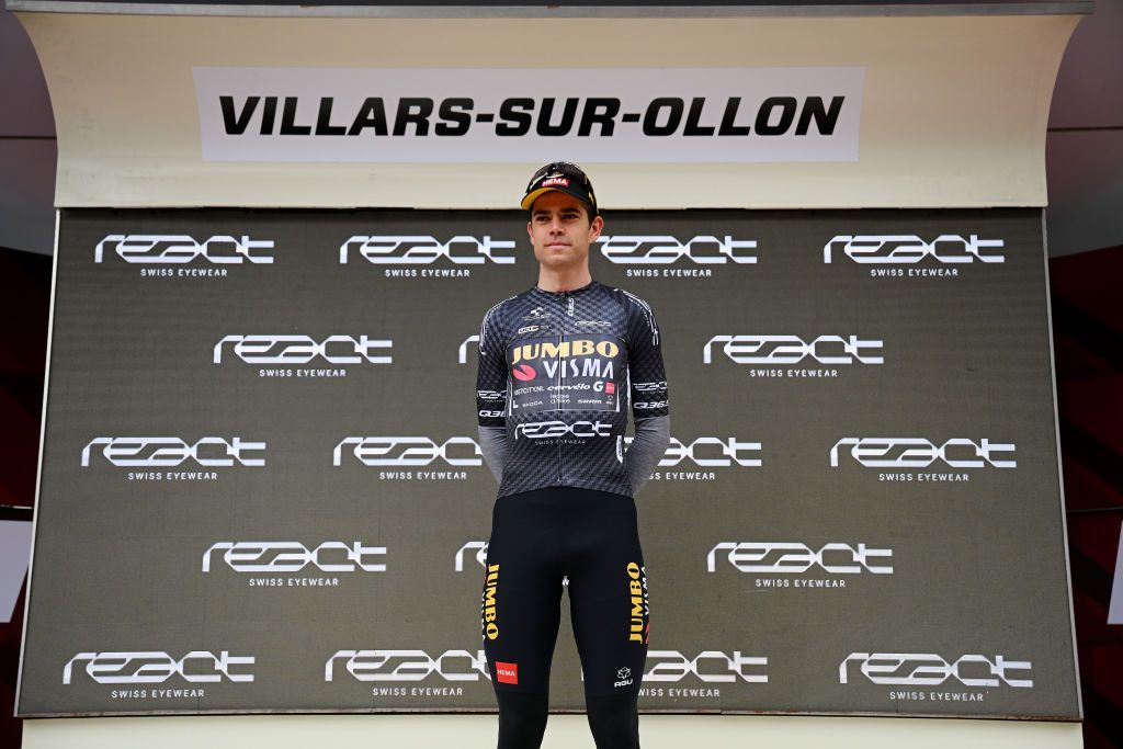 VILLARSSUROLLON SWITZERLAND JUNE 13 Wout Van Aert of Belgium and Team JumboVisma celebrates at podium as Black points jersey winner during the 86th Tour de Suisse 2023 Stage 3 a 1438km stage from Tafers to VillarssurOllon 1256m UCIWT on June 13 2023 in VillarssurOllon Switzerland Photo by Dario BelingheriGetty Images