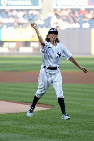 Gwen Goldman throwing out the ceremonial first pitch before the game between the Los Angeles Angels and the New York Yankees at Yankee Stadium on Monday, June 28, 2021 in the Bronx borough of New York City.
