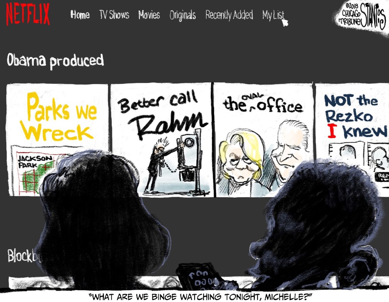 Political cartoon US Barack Michelle Obama Netflix producer television