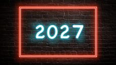 A glowing neon icon showing the year "2027" on a brick wall background.