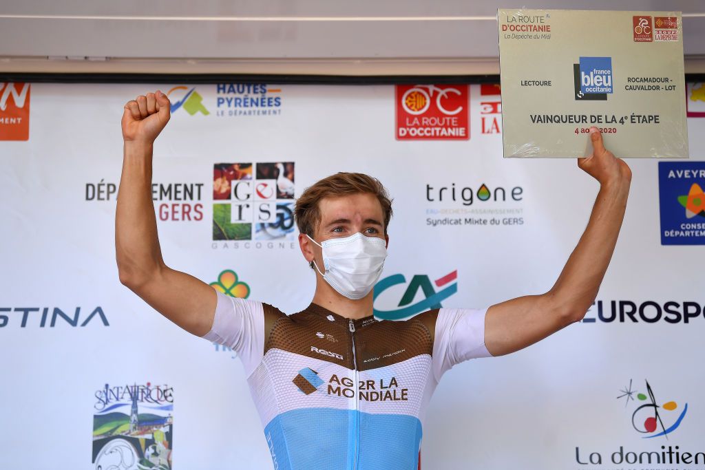 ROCAMADOUR FRANCE AUGUST 04 Podium Benoit Cosnefroy of France and Team Ag2R La Mondiale Celebration Trophy during the 44th La Route dOccitanie La Depeche du Midi 2020 Stage 4 a 195km stage from Lectoure to RocamadourCauvaldorLot 295m RouteOccitanie RDO2020 on August 04 2020 in Rocamadour France Photo by Justin SetterfieldGetty Images