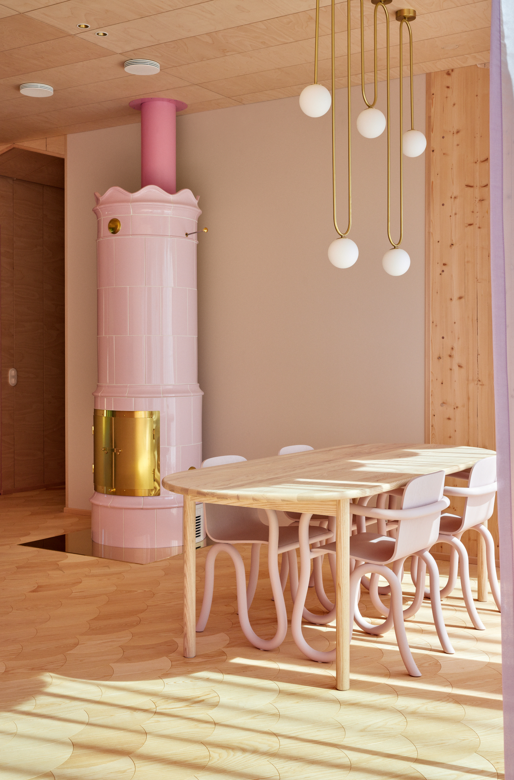 Pink and gold kachelofen in a dining room with pale wood table, scalloped wood flooring, pink curved dining chairs and brass and opal white ceiling lights