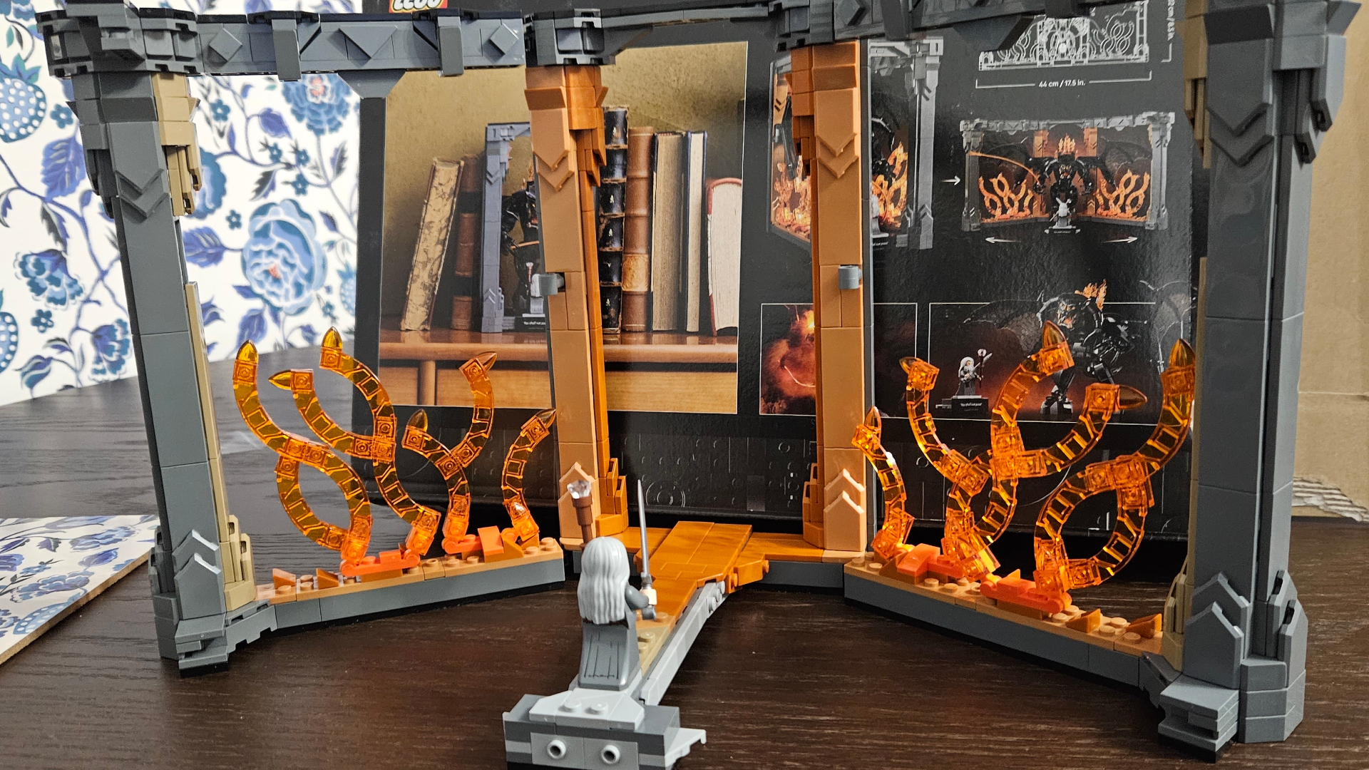 Lego Balrog Book Nook set showing Gandalf stood on the bridge with flames around him