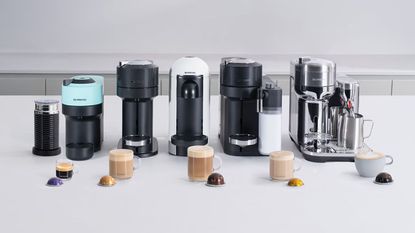 A line up of the best Nespresso machines. From left to right: Nespresso Vertuo Pop, Nespresso Vertuo, Nespresso VertuoPlus, Nespresso Vertuo Lattissima, and Nespresso Vertup Creatista