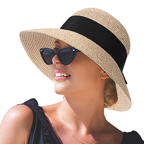Comhats Sun Hats Women, Ladies Straw Beach Hats Uv Protection Summer Hat Foldable Wide Brimmed Sunhats Packable Panama Hat Adjustable Beige Mixed M/l 57cm