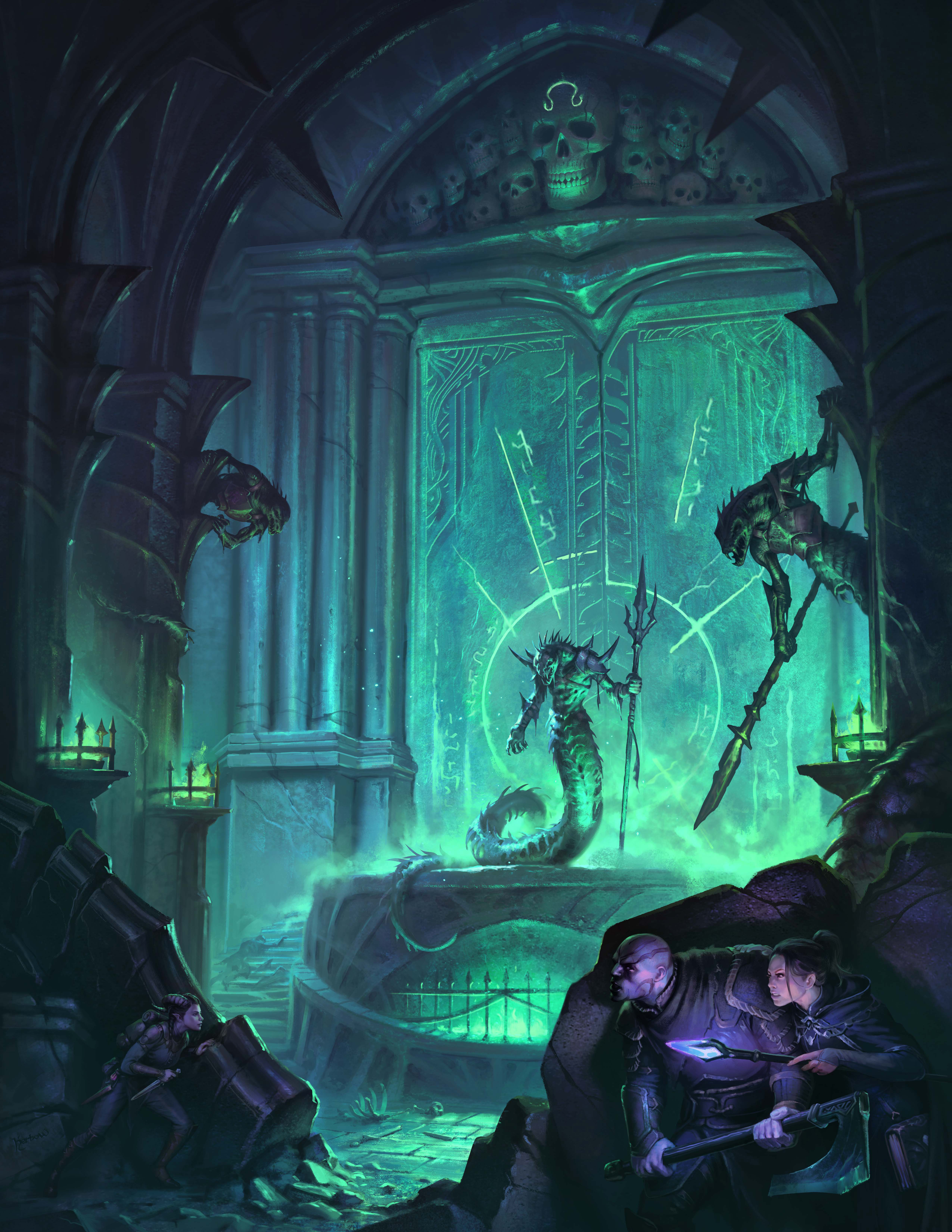 Undead snake-like Yuan-Ti guard a doorway while adventurers hide