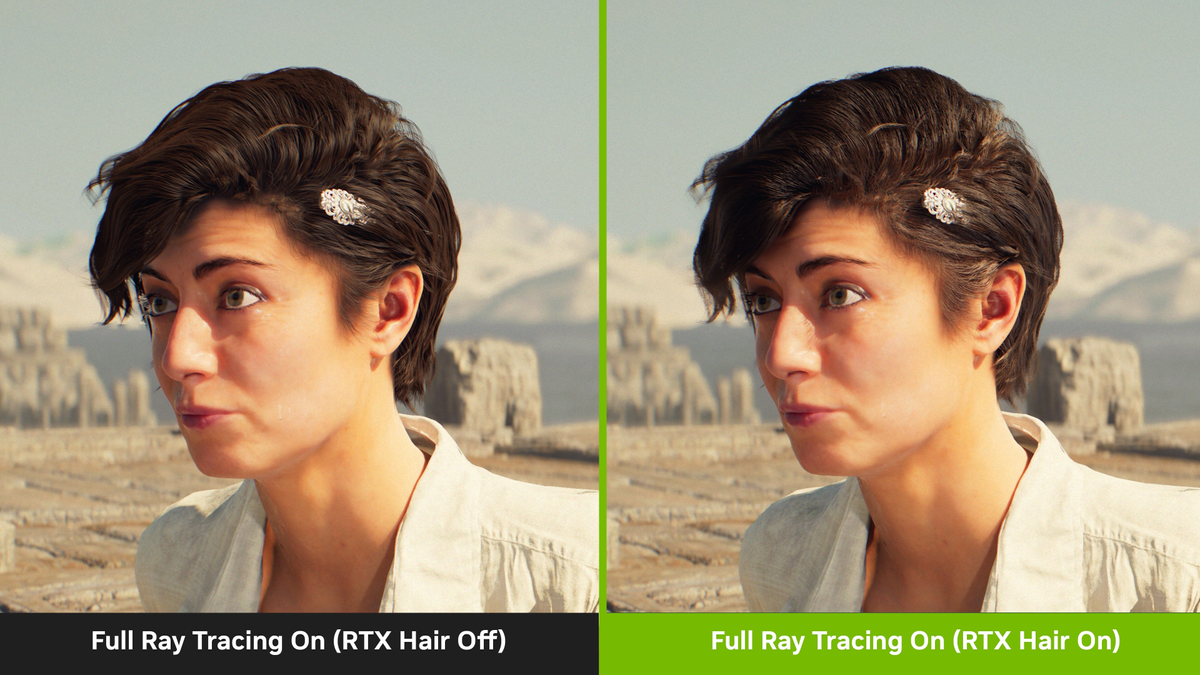 Image of character model in Indiana Jones and the Great Circle, showcasing the difference between RTX Hair on or off.