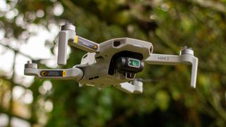 DJI Mini 2 flyvende med sløret løvtræ i baggrunden