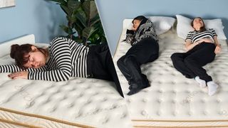On the left, a close up of a woman lying on her side on the Saatva Classic mattress. On the right, an overhead shot of two women lying on the Saatva Classic mattress, one on her side and one on her back with her hips turned to the side