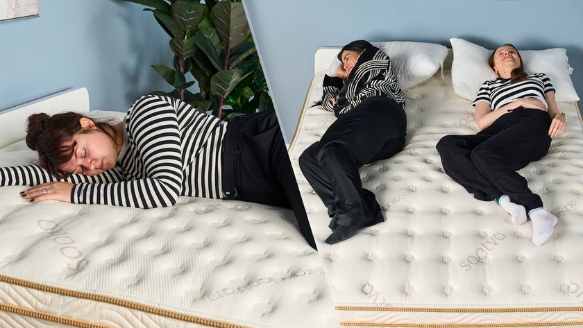 On the left, a close up of a woman lying on her side on the Saatva Classic mattress. On the right, an overhead shot of two women lying on the Saatva Classic mattress, one on her side and one on her back with her hips turned to the side