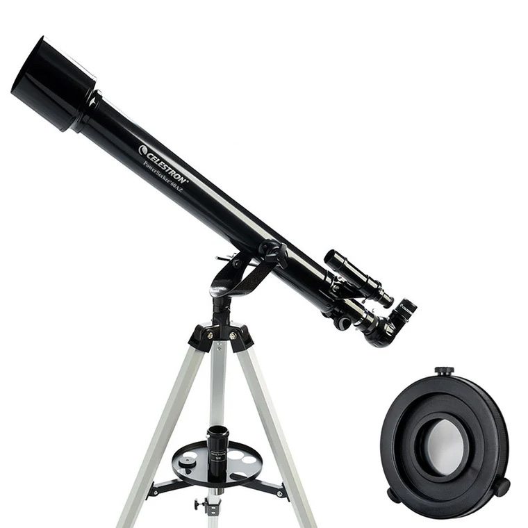 A PowerSeeker 60AZ Refractor with solar filter. 