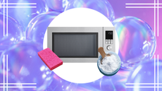A microwave on a purple background with a pink sponge and baking soda