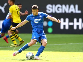 Andrej Kramaric scores a no-look penalty for Hoffenheim against Borussia Dortmund in June 2020.