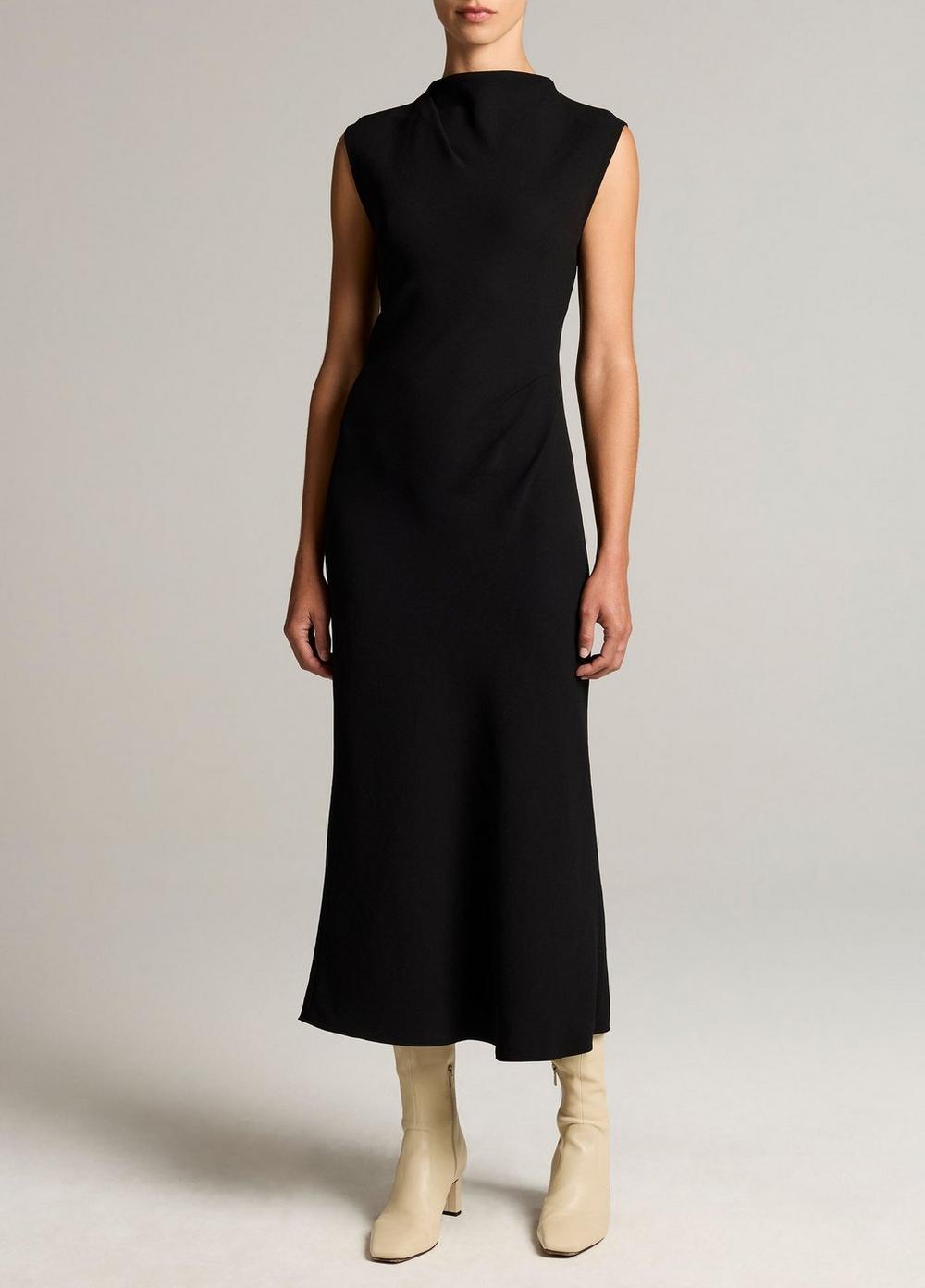Draped Crepe Funnel-Neck Dress