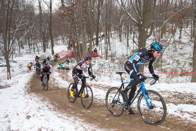 Riders emerge from the forest descent, led by Jamie Driscoll