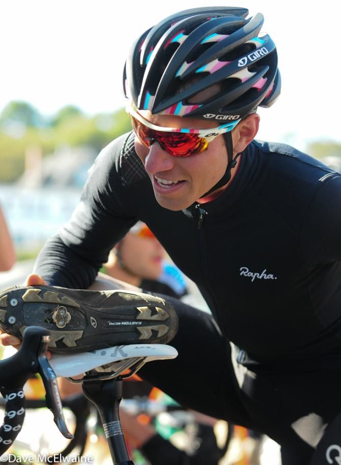 Jeremy Powers (Rapha Focus) stretching at the starting line