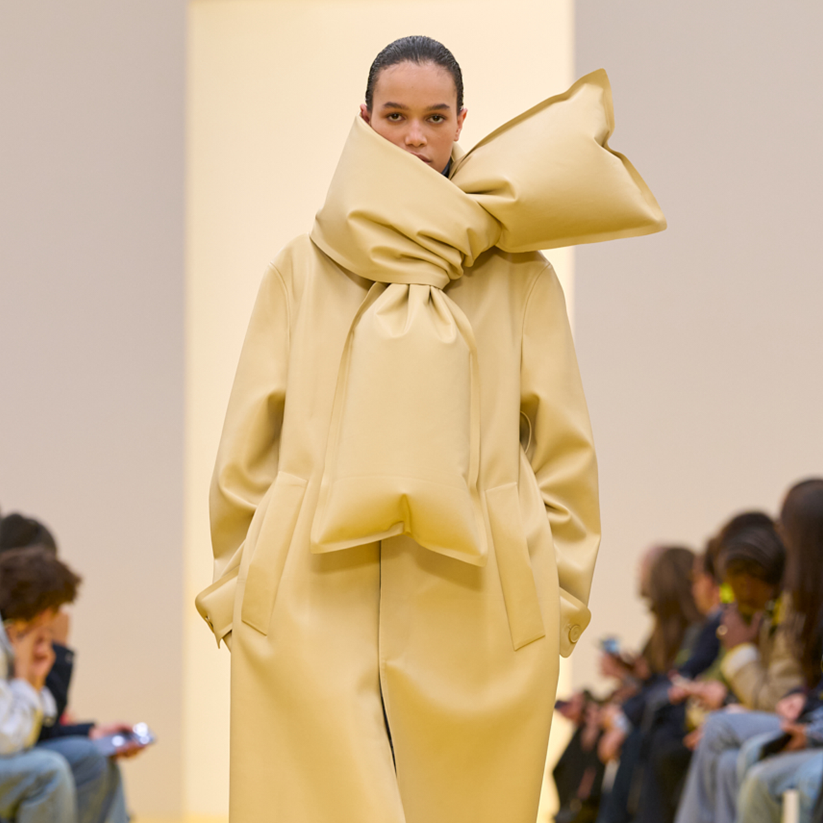 Model walking in Loewe Fall Winter 2026 show during Paris Fashion Week.