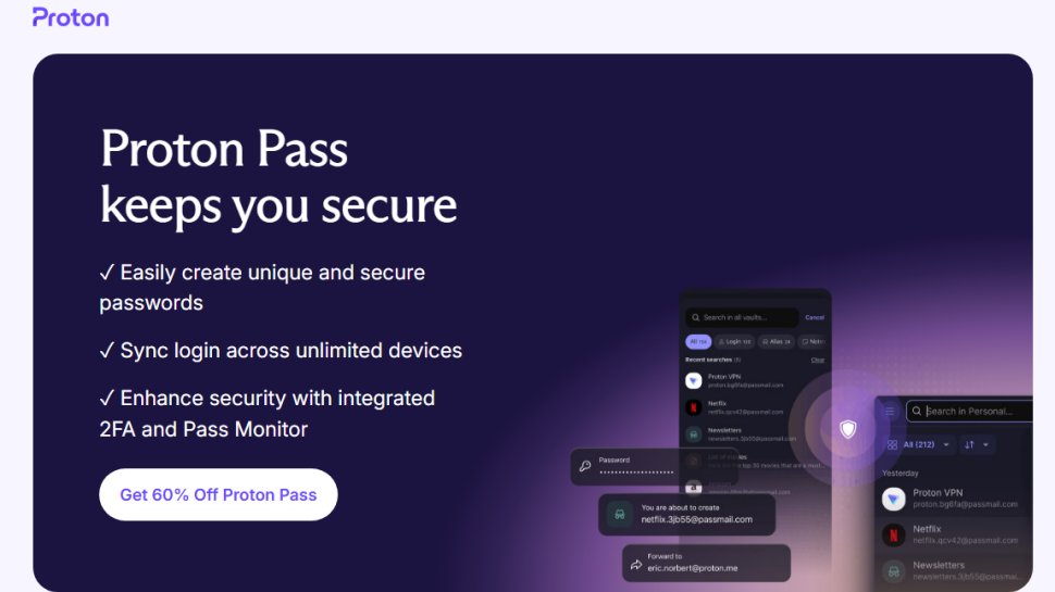 Website screenshot of Proton Pass (August, 2025)