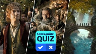 A split image shows Bilbo Baggins, Gandalf the Grey and the company in The Hobbit movie, with a 'Tom's Guide Quiz' graphic overlaid