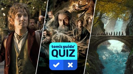 A split image shows Bilbo Baggins, Gandalf the Grey and the company in The Hobbit movie, with a 'Tom's Guide Quiz' graphic overlaid