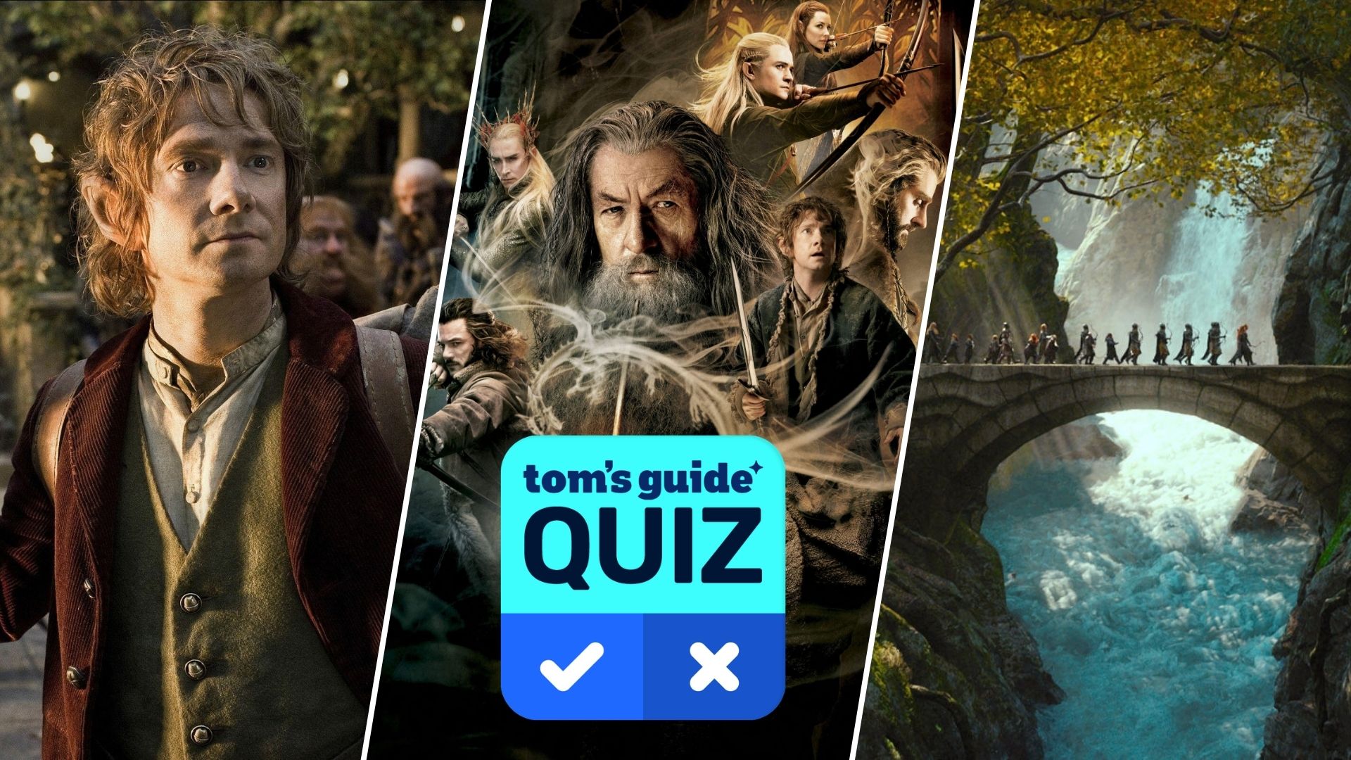 A split image shows Bilbo Baggins, Gandalf the Grey and the company in The Hobbit movie, with a 'Tom's Guide Quiz' graphic overlaid