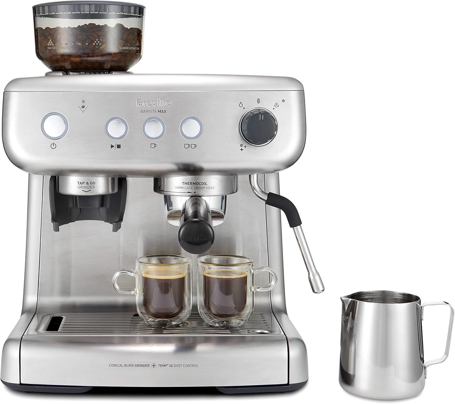 Breville Barista Max Espresso Machine | Latte & Cappuccino Coffee Maker With Integrated Bean Grinder & Steam Wand | 2.8 L Water Tank | 15 Bar Italian Pump | Stainless Steel