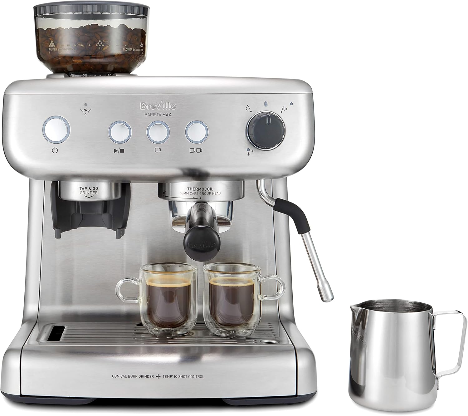 Breville Barista Max Espresso Machine | Latte &amp;amp; Cappuccino Coffee Maker With Integrated Bean Grinder &amp;amp; Steam Wand | 2.8 L Water Tank | 15 Bar Italian Pump | Stainless Steel