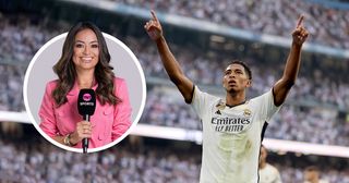 Jude Bellingham of Real Madrid celebrates after scoring the team's second goal during the LaLiga EA Sports match between Real Madrid CF and CA Osasuna at Estadio Santiago Bernabeu on October 07, 2023 in Madrid, Spain.