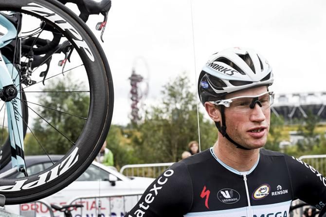 Mark Renshaw talks to the media in the Olympic Park before the race in Stratford.