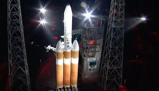 A United Launch Alliance Delta IV Heavy rocket stands poised to launch the NROL-44 spy satellite on Sept. 30, 2020. The attempted was aborted seven seconds before the planned liftoff.