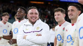 Jamie George of England smiles following his side's victory during the Quilter Nations Series 2025 rugby international match between England and New Zealand. 