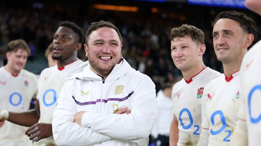 Jamie George of England smiles following his side's victory during the Quilter Nations Series 2025 rugby international match between England and New Zealand. 