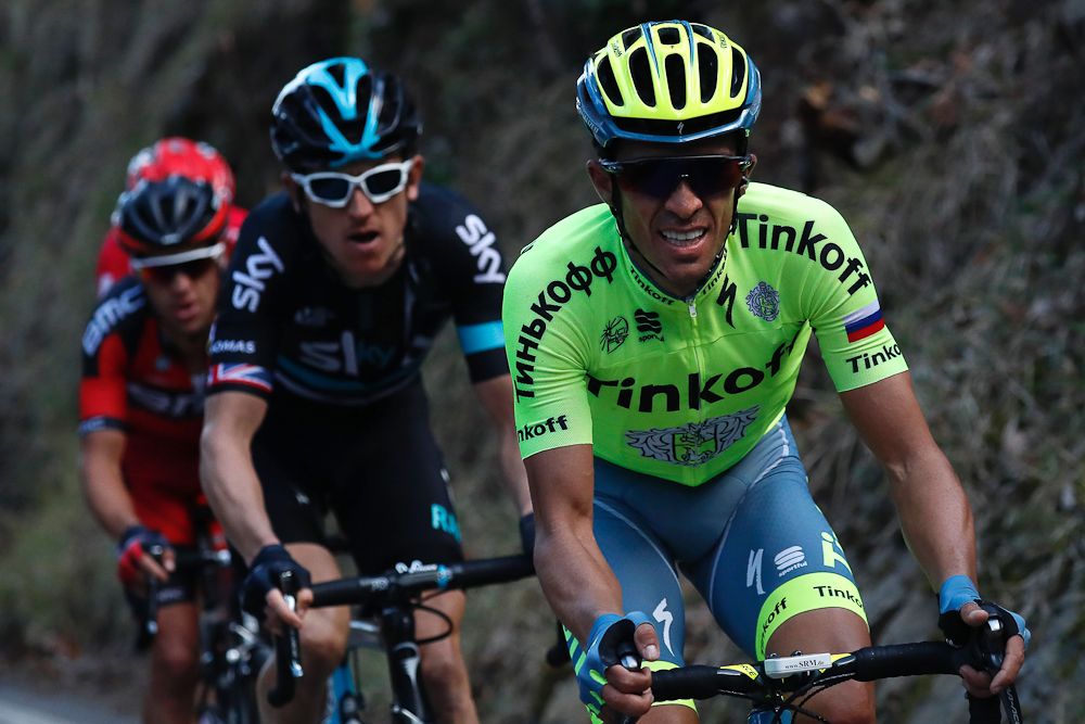 Alberto Contador leads Geraint Thomas and Richie Porte near the end of stage 6 at Paris-Nice.