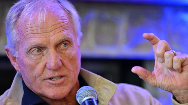 Greg Norman speaks at a press conference for the LIV Golf Invitational Series in May 2022