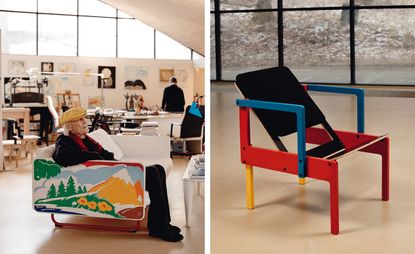 Left, Yrjö Kukkapuro in his studio. Right sees a red, blue and yellow chair prototype