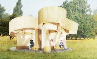 Rendering of a Serpentine Pavilion design with undulating structural bands forming a summer house