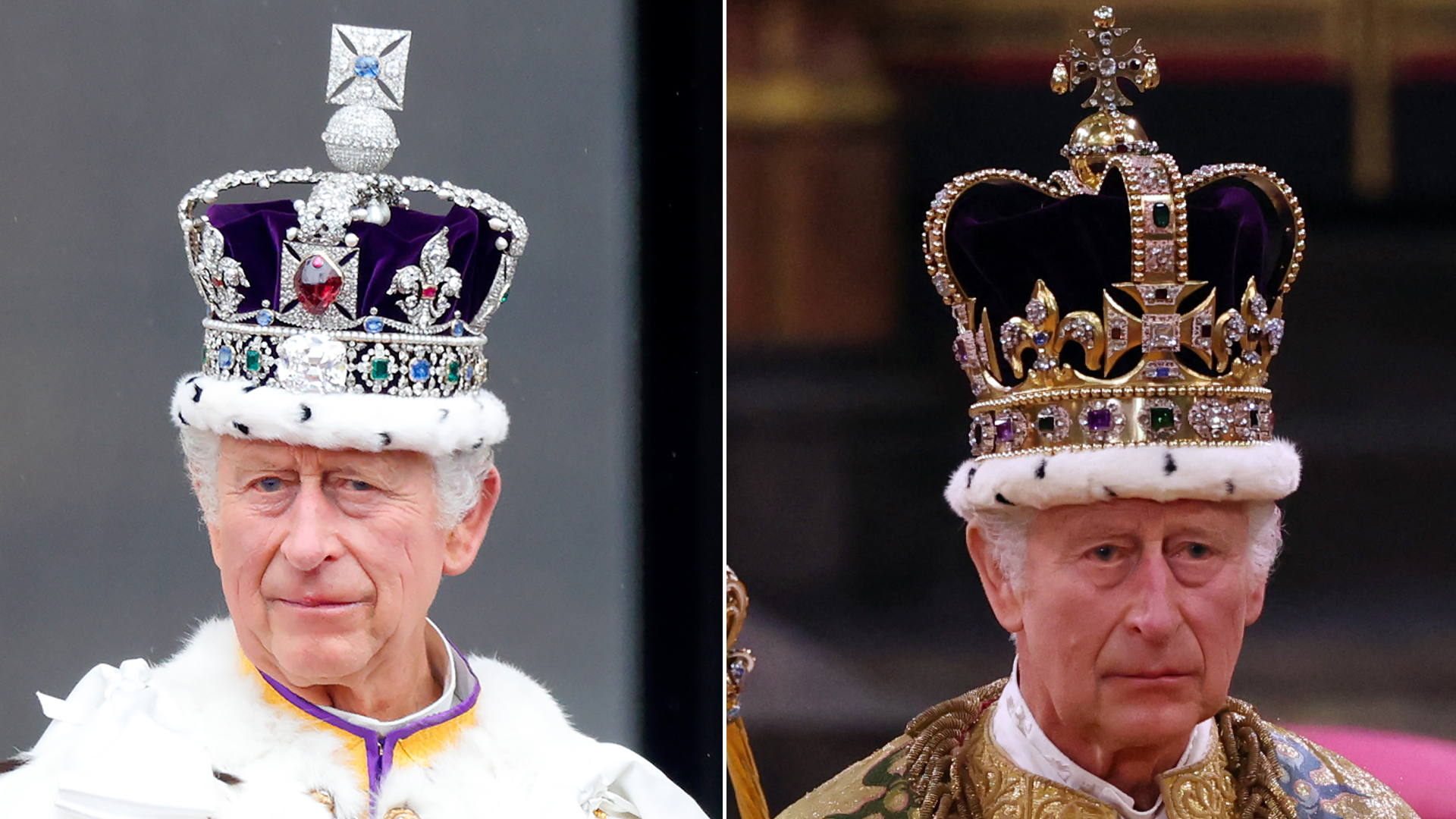 King Charles III wears a giant crown and watches an RAF flypast from the balcony of Buckingham Palace following his and Queen Camilla's Coronation at Westminster Abbey on May 6, 2023