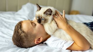 Boy cuddling his Birman cat