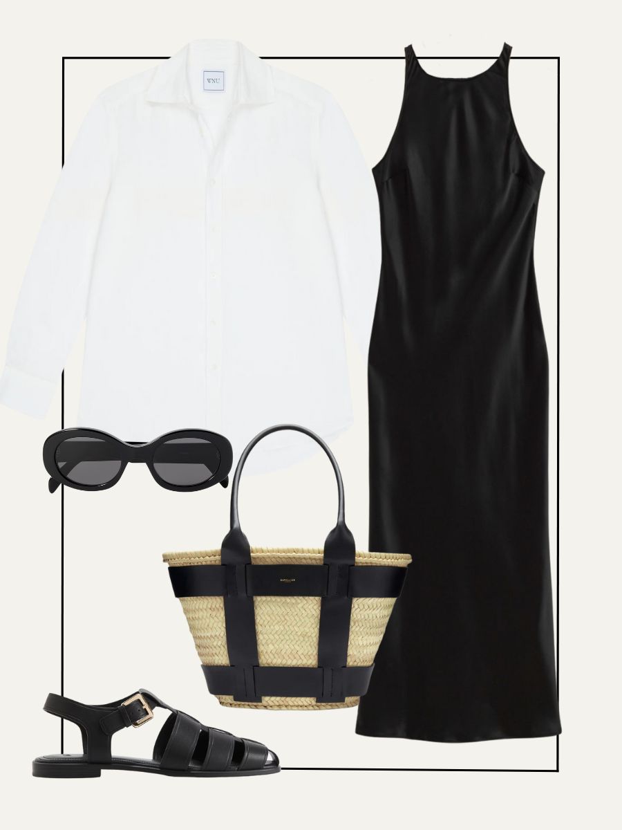 WNU shirt, 
Other Stories dress, H&M sandals, Demellier tote, Celine sunglasses